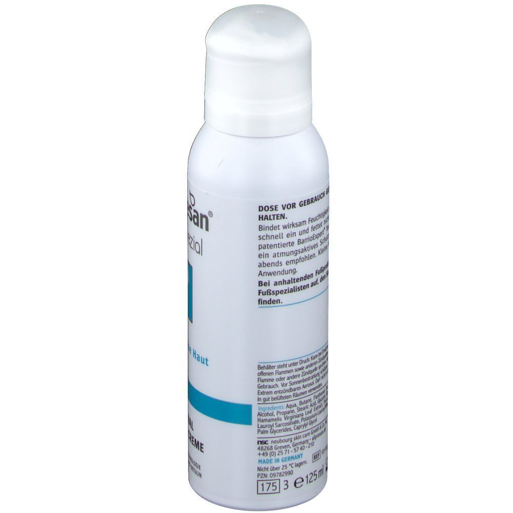Weiße Sprühflasche mit Allpresan Fuß spezial. Rückseite mit Text und blauer Linie. Aufschrift: 125ml.