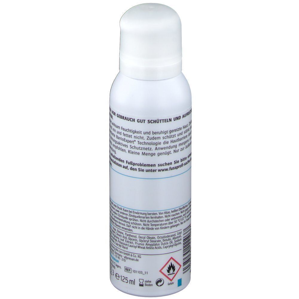 Weiße Sprühflasche mit Allpresan Fuß spezial. Rückseite mit Text, blauer Linie und Gefahrensymbolen. Aufschrift: 125ml.