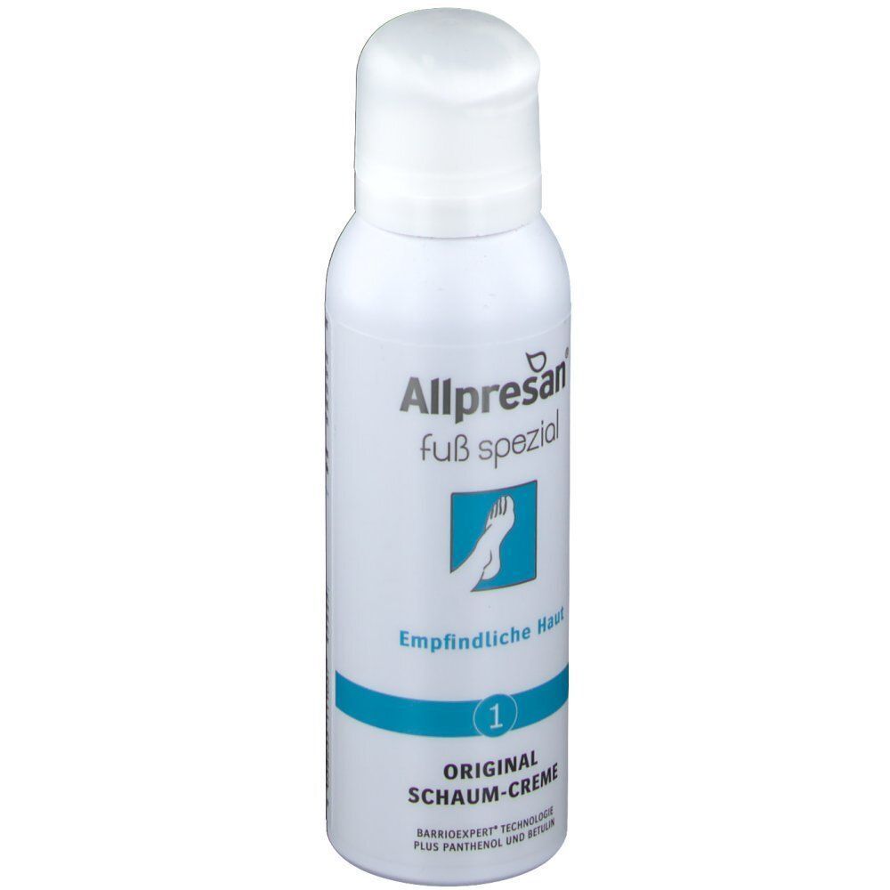Weiße Sprühflasche mit Allpresan Fuß spezial. Aufschrift: Schaum-Creme, empfindliche Haut. Fuß-Symbol. Nummer 1.