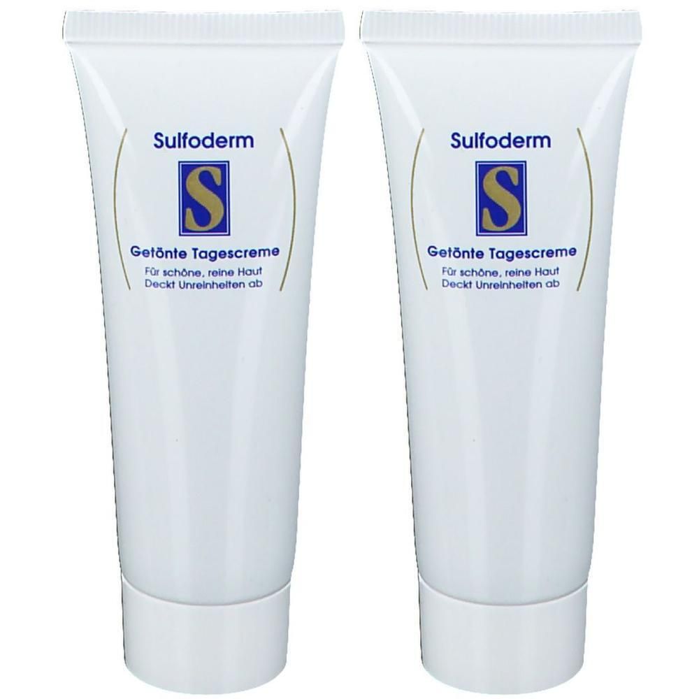 Zwei Tuben Sulfoderm getönte Tagescreme. Weiße Tuben mit blauem Logo und Schriftzug. Text: Für schöne, reine Haut. Deckt Unreinheiten ab.