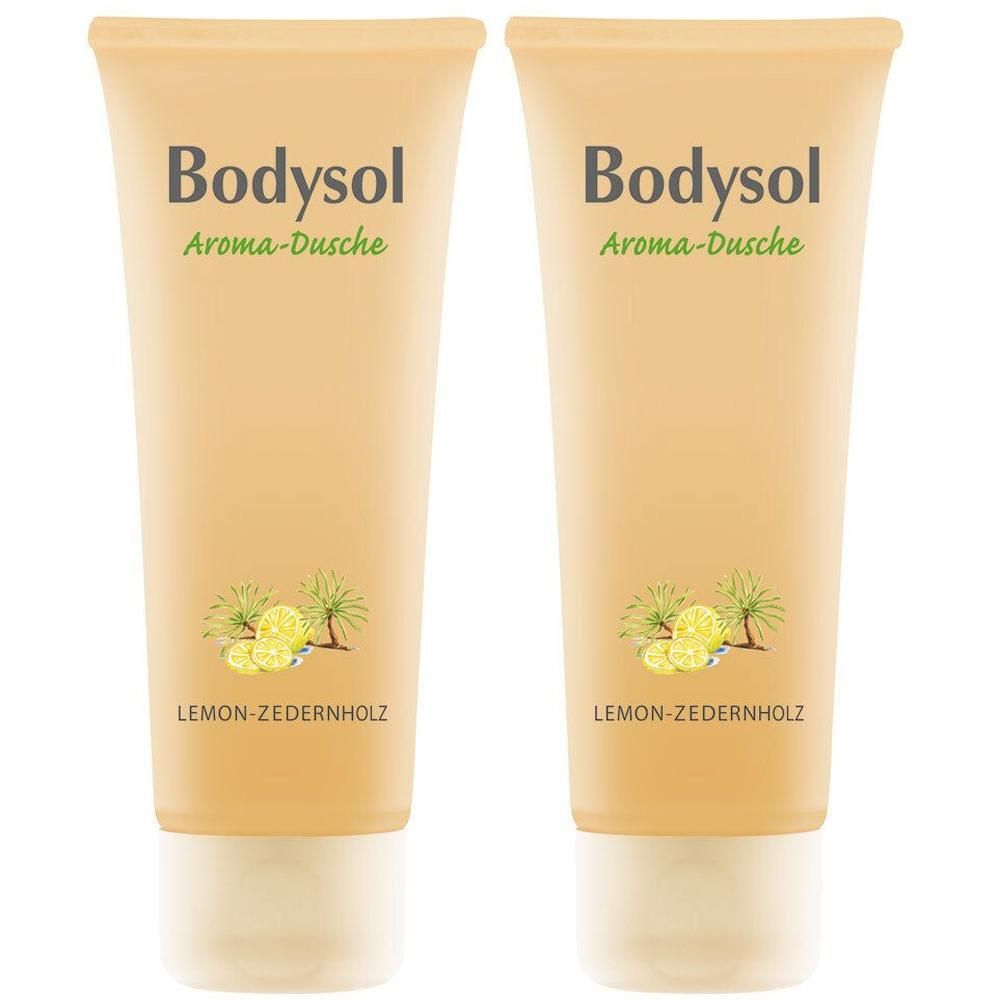 Zwei Tuben Bodysol Aroma-Dusche. Beige-farbene Verpackung mit Schriftzug und Illustration von Zitrone und Zeder. Aufschrift: Lemon-Zedernholz.