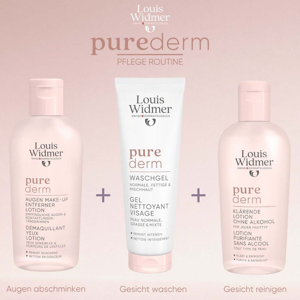 Drei Louis Widmer pure derm Hautpflegeprodukte: Augen Make-up Entferner Lotion, Waschgel und klärende Lotion.