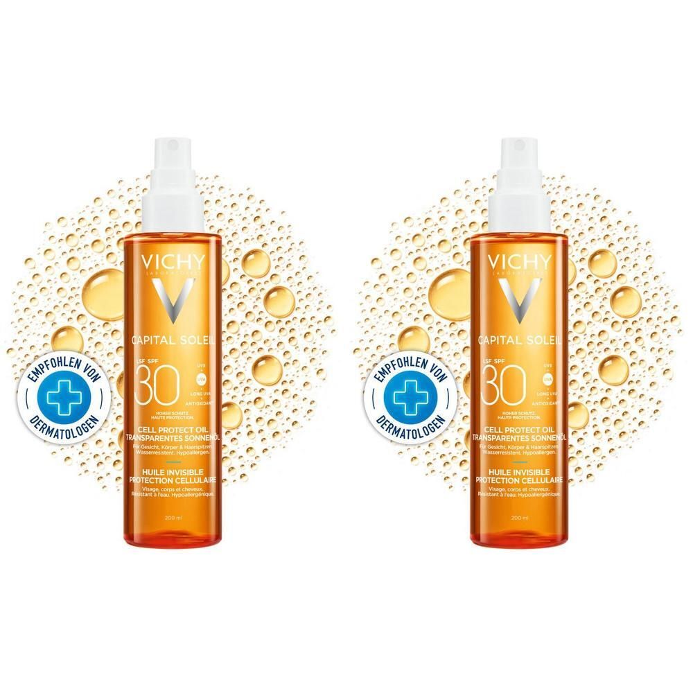 Zwei Flaschen VICHY CAPITAL Soleil Cell Protect Oil LSF 30. Aufschrift: EMPFOHLEN VON DERMATOLOGEN.