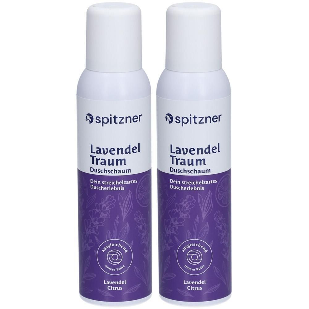 Zwei Sprühdosen Spitzner Lavendel Traum Duschschaum. Weiße Deckel, lila Etikett mit Produktnamen und Logo. Lavendel Citrus.