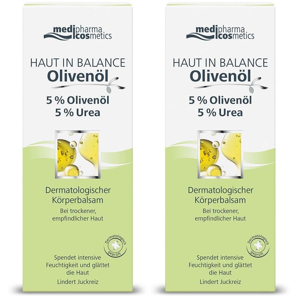 Zwei Packungen Körperbalsam. Aufschrift: HAUT IN BALANCE Olivenöl, 5% Olivenöl, 5% Urea. Dermatologischer Körperbalsam.