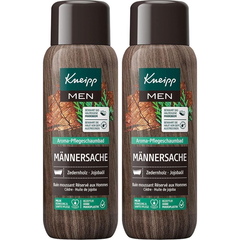 Zwei Flaschen Kneipp® Aroma-Pflegeschaumbad Männersache. Holzoptik-Design, brauner Deckel. Text: Kneipp, MEN, Männersache.