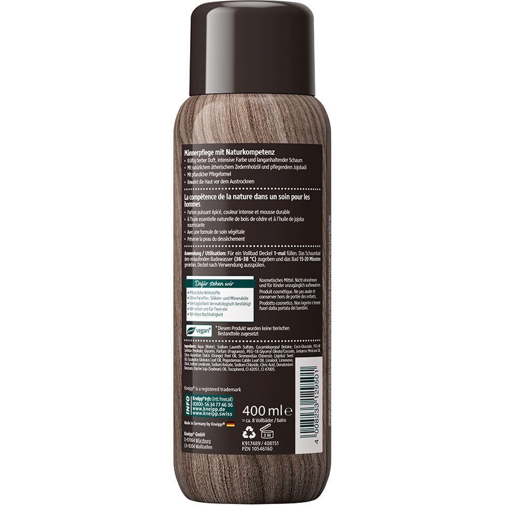 Rückseite einer Kneipp® Aroma-Pflegeschaumbad Männersache Flasche. Text: Inhaltsstoffe, Anwendung, 400 ml, vegan.