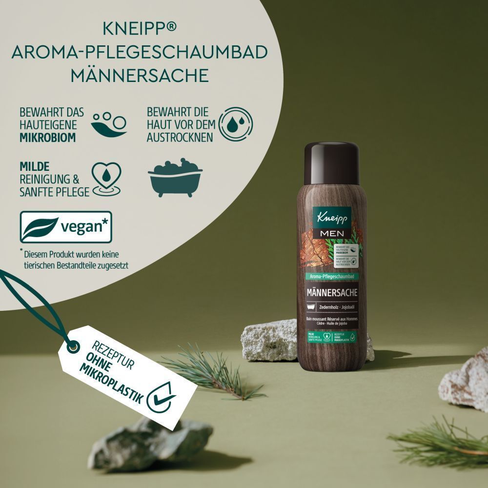 Kneipp® Aroma-Pflegeschaumbad Männersache Flasche. Text: Kneipp, MEN, Männersache, vegan. Grün-weiße Grafik mit Icons.