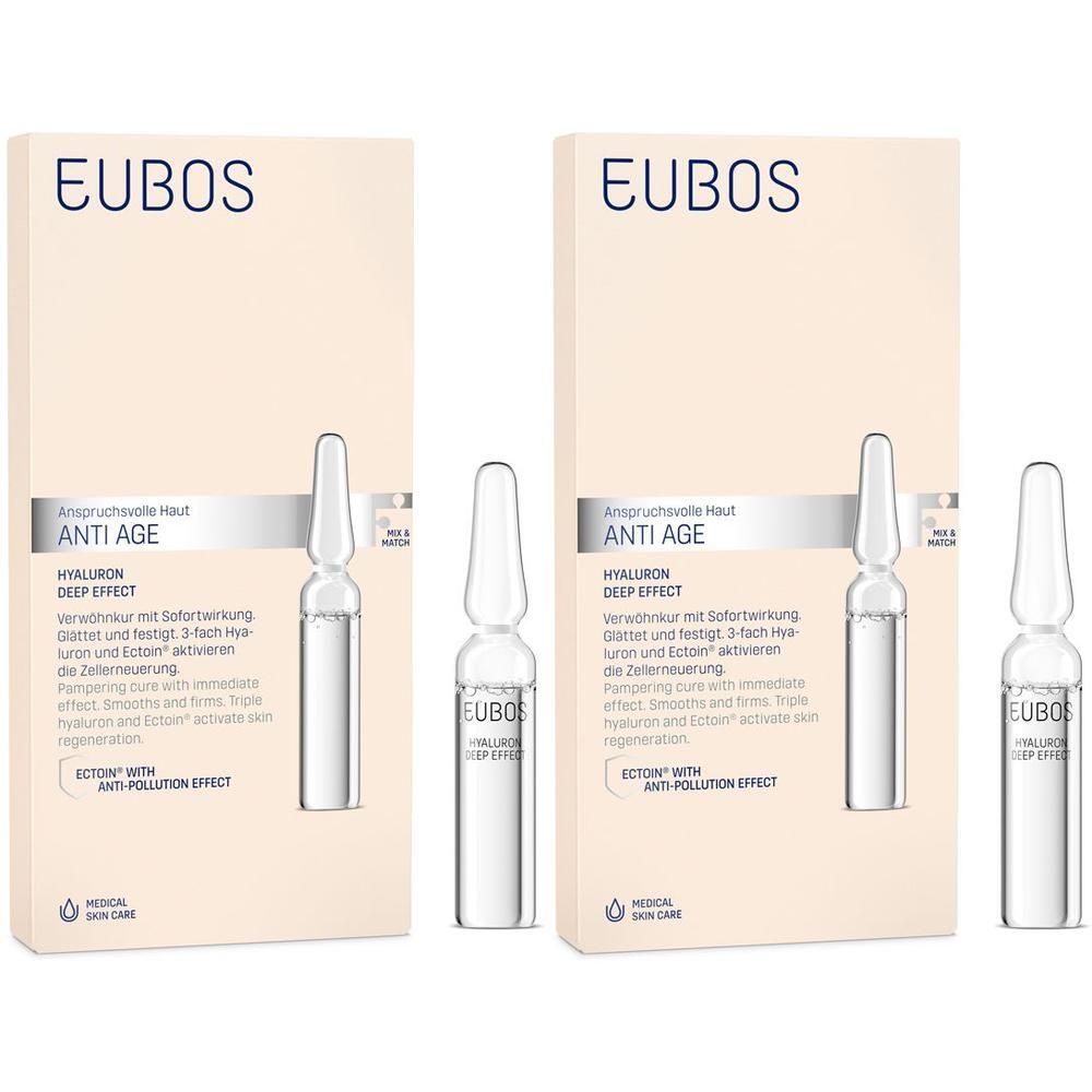 Zwei Packungen EUBOS Anti Age Ampullenkur. Jede Packung enthält Ampullen und Produktinformationen. Medizinische Hautpflege.