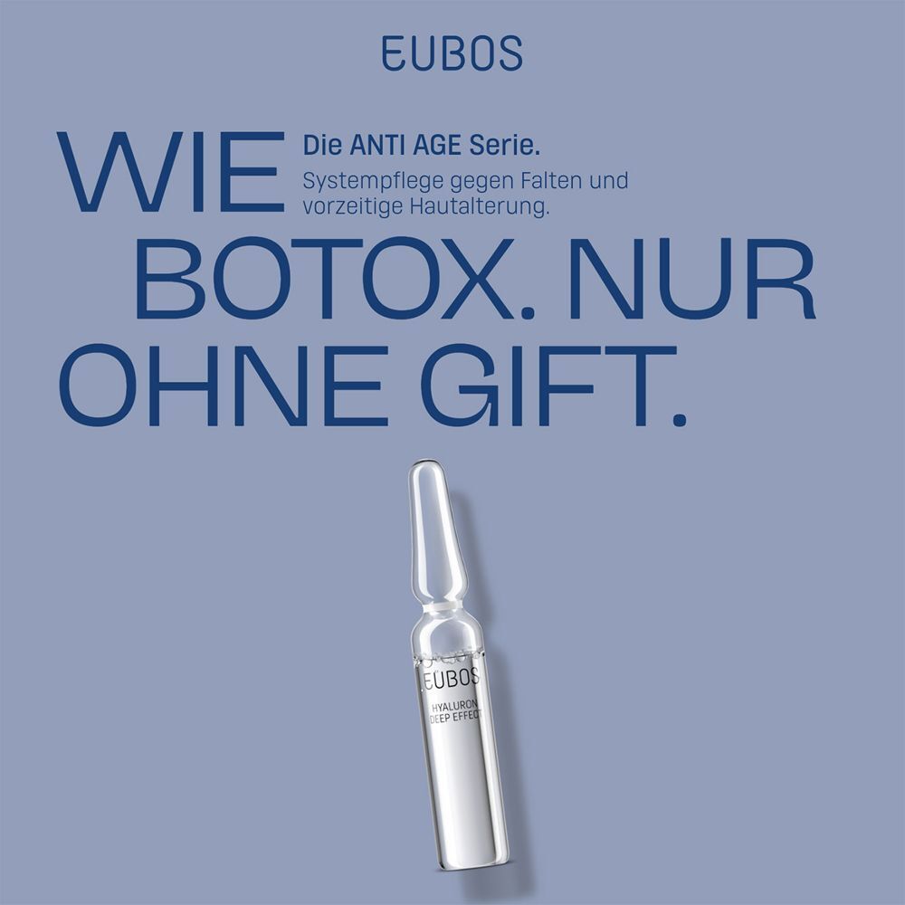 EUBOS Anti Age Ampulle. Text: Wie Botox. Nur ohne Gift. Eine klare Ampulle mit Flüssigkeit auf blauem Hintergrund.