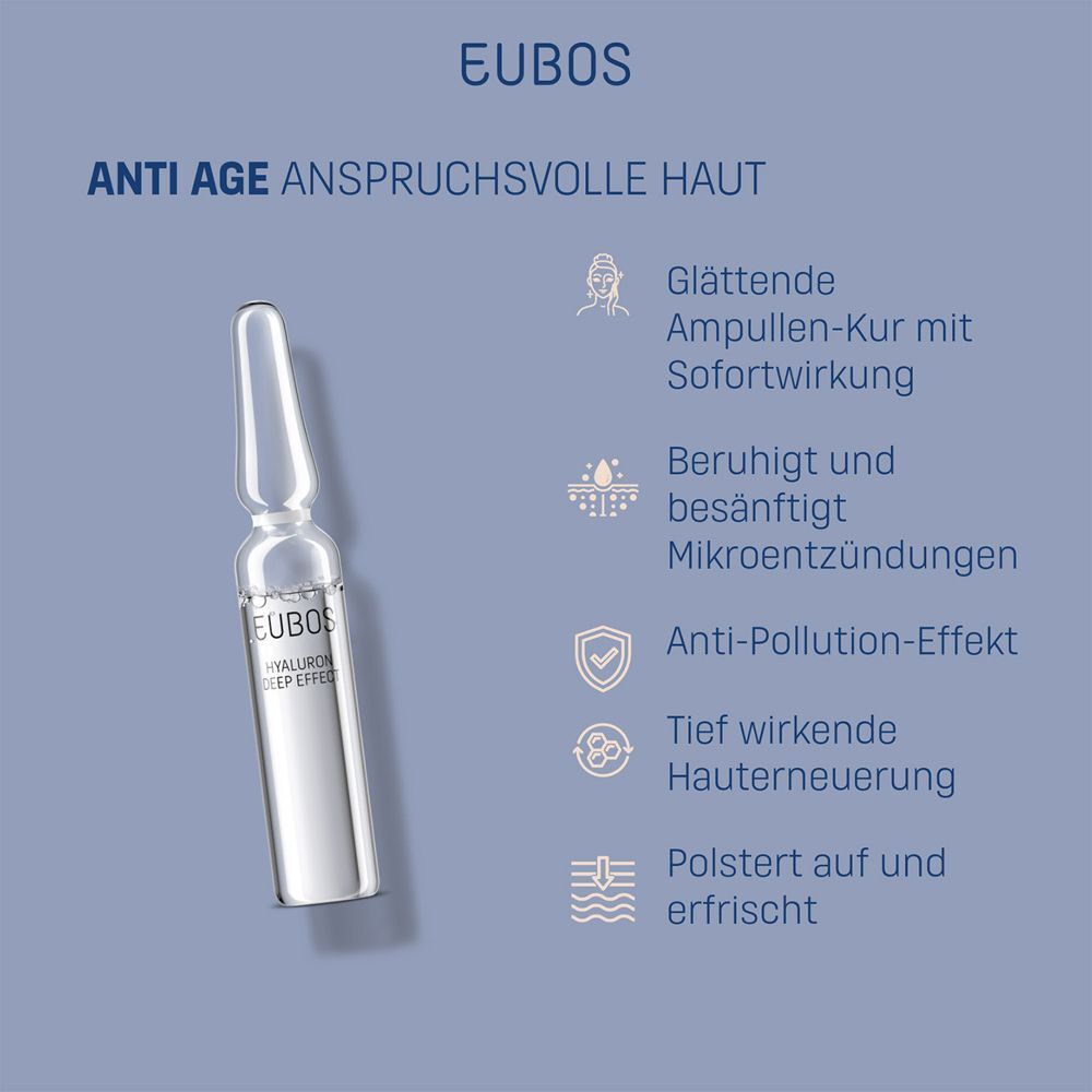 EUBOS Anti Age Ampulle. Auf blauem Hintergrund. Text: Glättende Ampullen-Kur, beruhigt, Anti-Pollution-Effekt, Hauterneuerung.