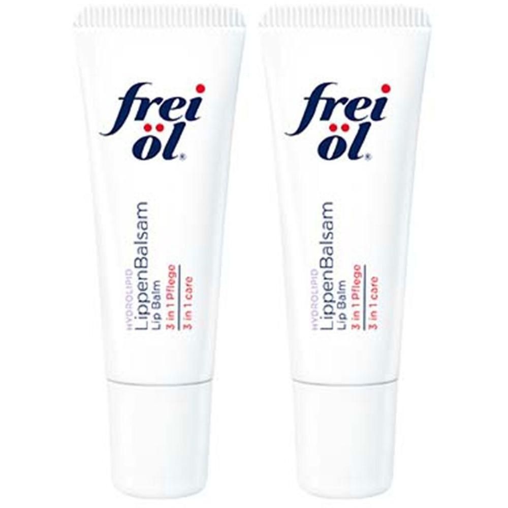 Zwei Tuben frei öl® HYDROLIPID LippenBalsam. Weiße Tuben mit blauem Schriftzug und rotem Akzent. Produktname und 3-in-1-Pflege.
