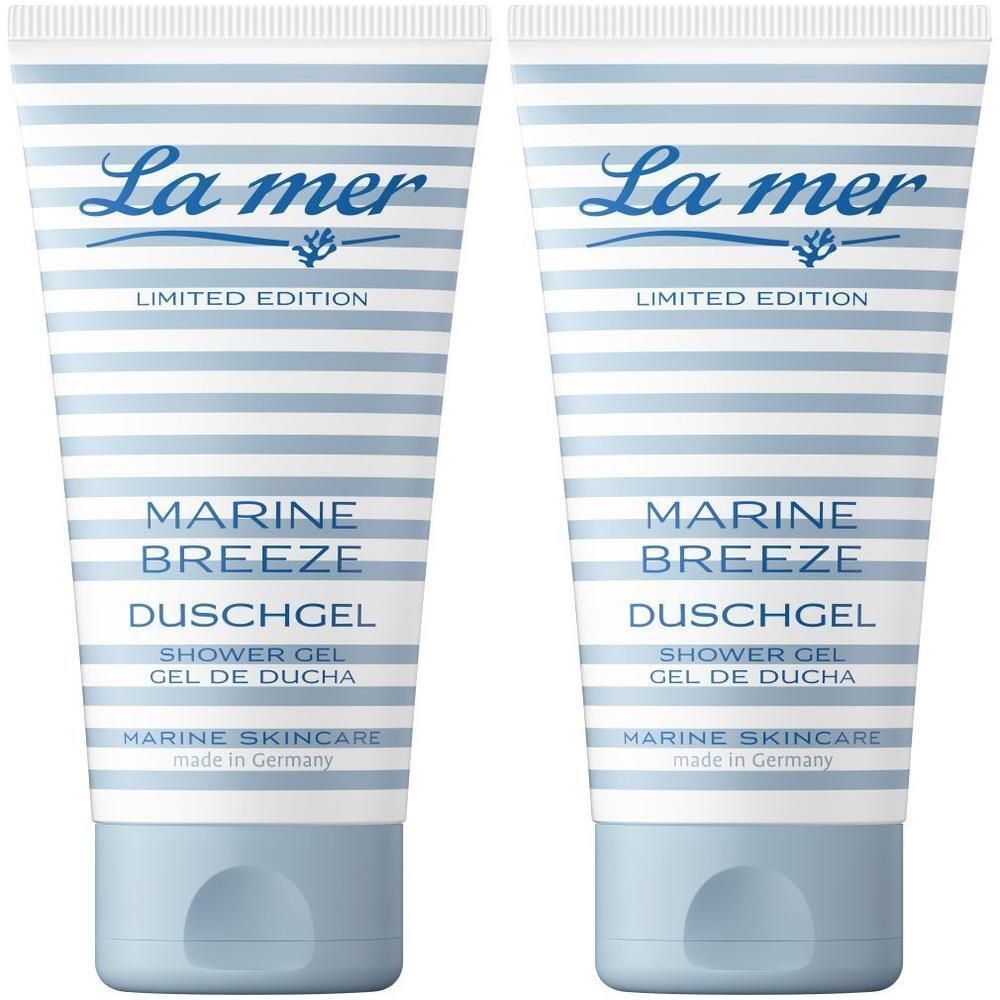 Zwei Tuben Duschgel mit blau-weiß gestreiftem Design. Aufschrift: La mer, Marine Breeze Duschgel, Limited Edition.