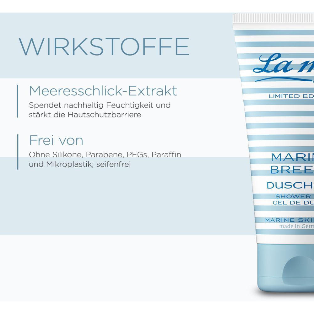 Nahaufnahme einer Tube Duschgel mit blau-weißem Streifendesign. Text: La mer, Marine Breeze Duschgel, Limited Edition.