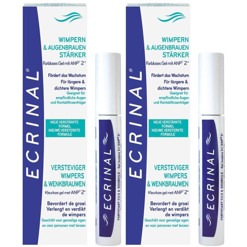 Zwei ECRINAL® Wimpern Aufbau-Gel-Verpackungen und -Tuben. Blaue und weiße Verpackung mit Produktinformationen und Logo.