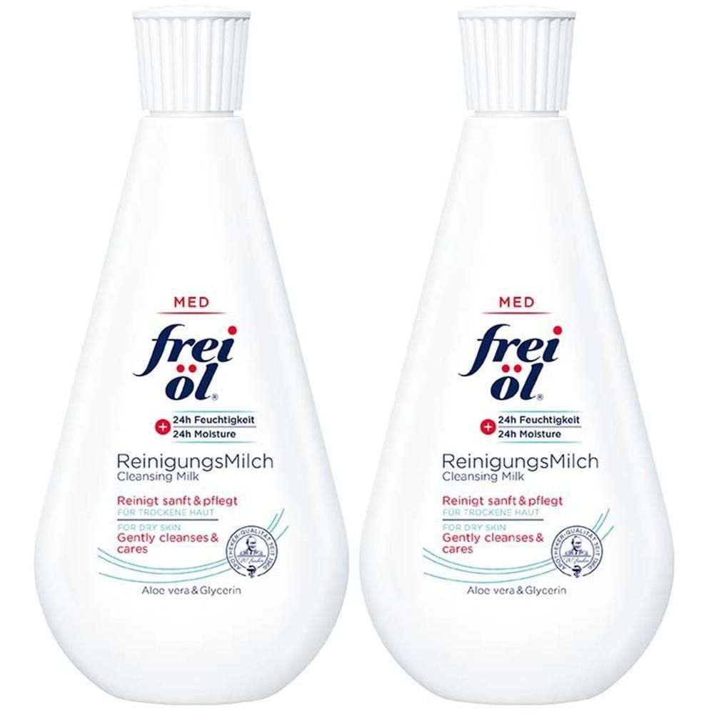 Zwei weiße Flaschen ReinigungsMilch mit weißem Deckel. Aufschrift: frei öl, ReinigungsMilch, 24h Feuchtigkeit. Mit Aloe vera & Glycerin.