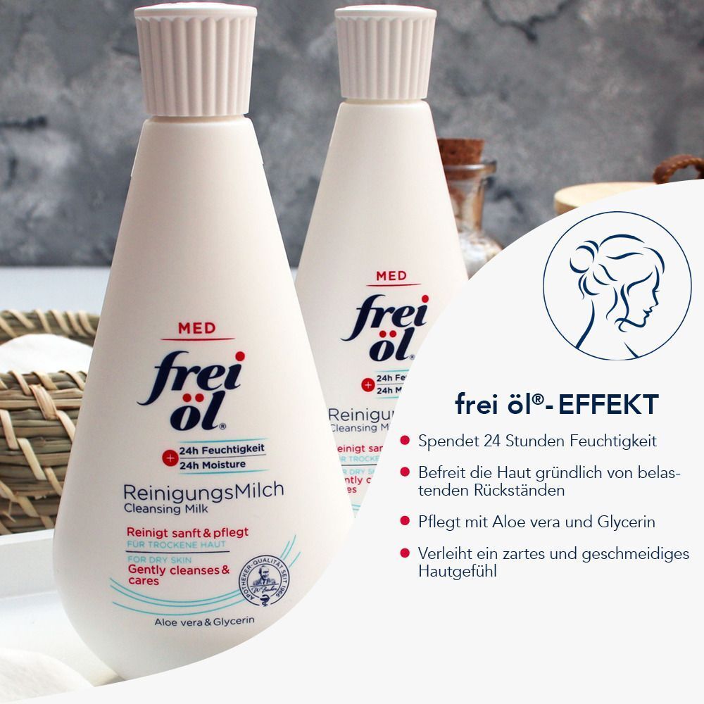 Zwei weiße Flaschen ReinigungsMilch. Aufschrift: frei öl, ReinigungsMilch, 24h Feuchtigkeit. Text: Sanfte Reinigung & Pflege. Mit Aloe vera & Glycerin.