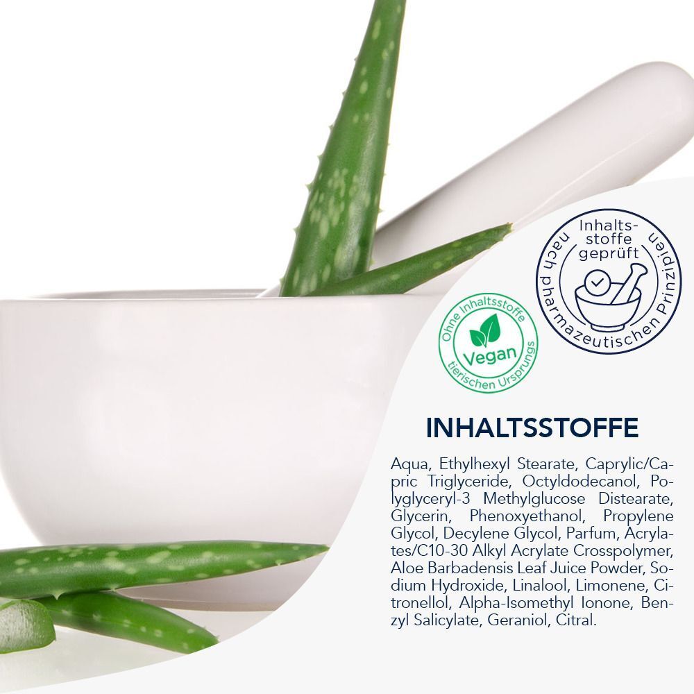Mörser mit Zutaten. Text: Inhaltsstoffe. Vegan-Siegel. Inhaltsstoffe: Aqua, Ethylhexyl Stearate, Caprylic/Capric Triglyceride, etc. Geprüft nach pharmazeutischen Prinzipien.
