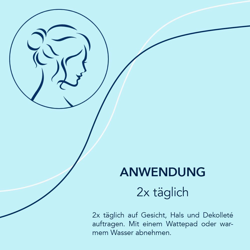 Anwendung: 2x täglich. Text: 2x täglich auf Gesicht, Hals und Dekolleté auftragen. Mit einem Wattepad oder warmem Wasser abnehmen.