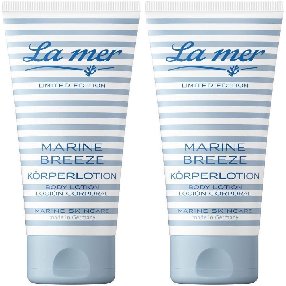 Zwei Tuben Körperlotion mit blau-weiß gestreiftem Design. Aufschrift: La mer, Marine Breeze, Körperlotion, Limited Edition. Made in Germany.
