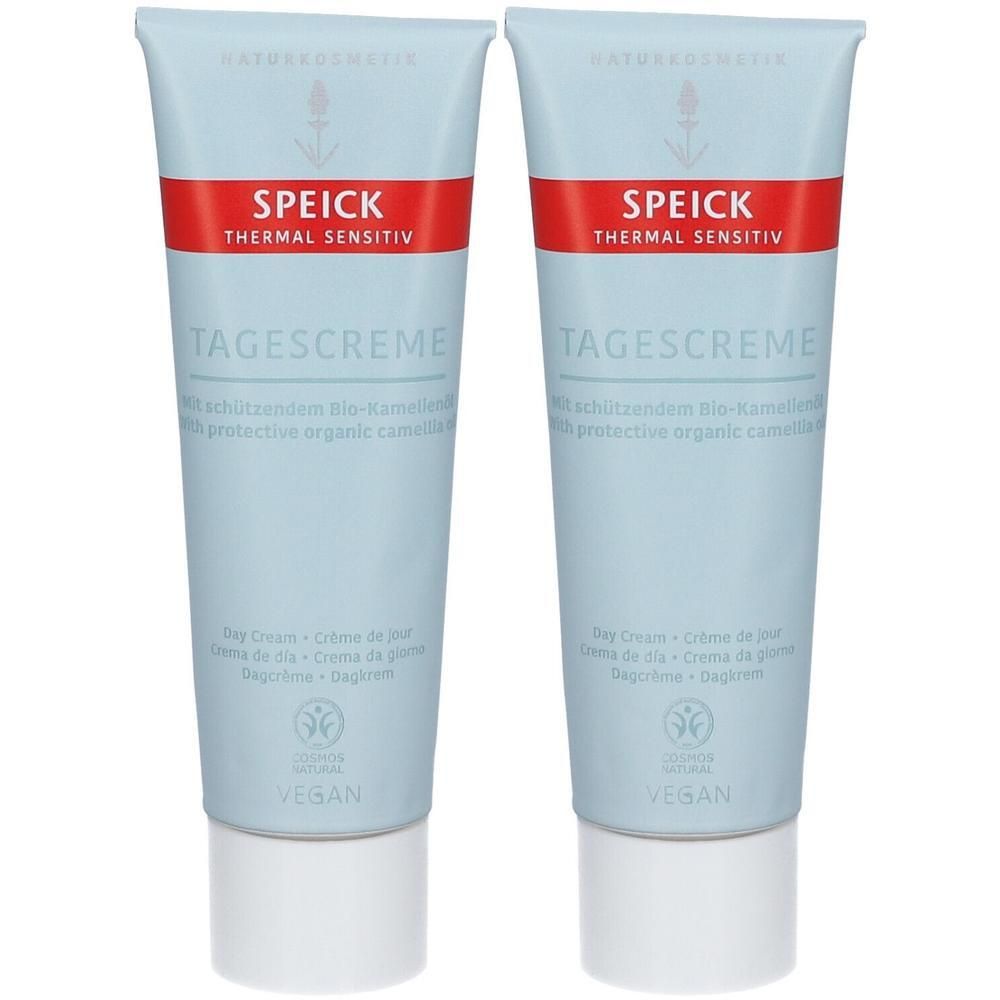 Zwei Tuben SPEICK Thermal Sensitiv Tagescreme. Hellblaue Tuben mit rotem Streifen und weißem Deckel. Aufschrift: Tagescreme, Vegan.