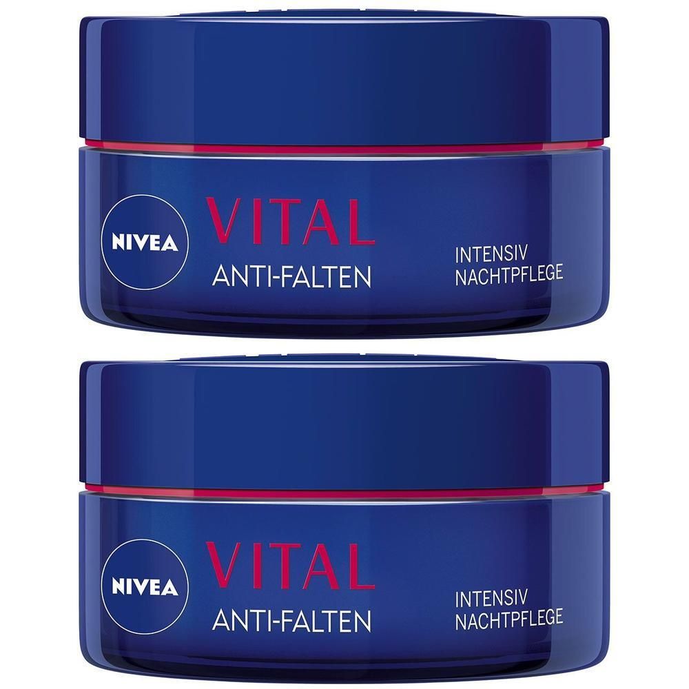 Zwei blaue Tiegel mit rotem Deckel. Aufschrift: NIVEA VITAL Anti-Falten Intensiv Nachtpflege.