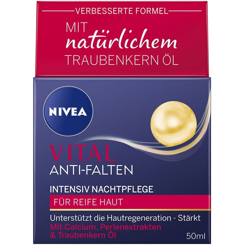 Produktverpackung. Blaue Schachtel mit rotem Deckel. Aufschrift: NIVEA VITAL Anti-Falten Intensiv Nachtpflege. Mit Traubenkernöl.