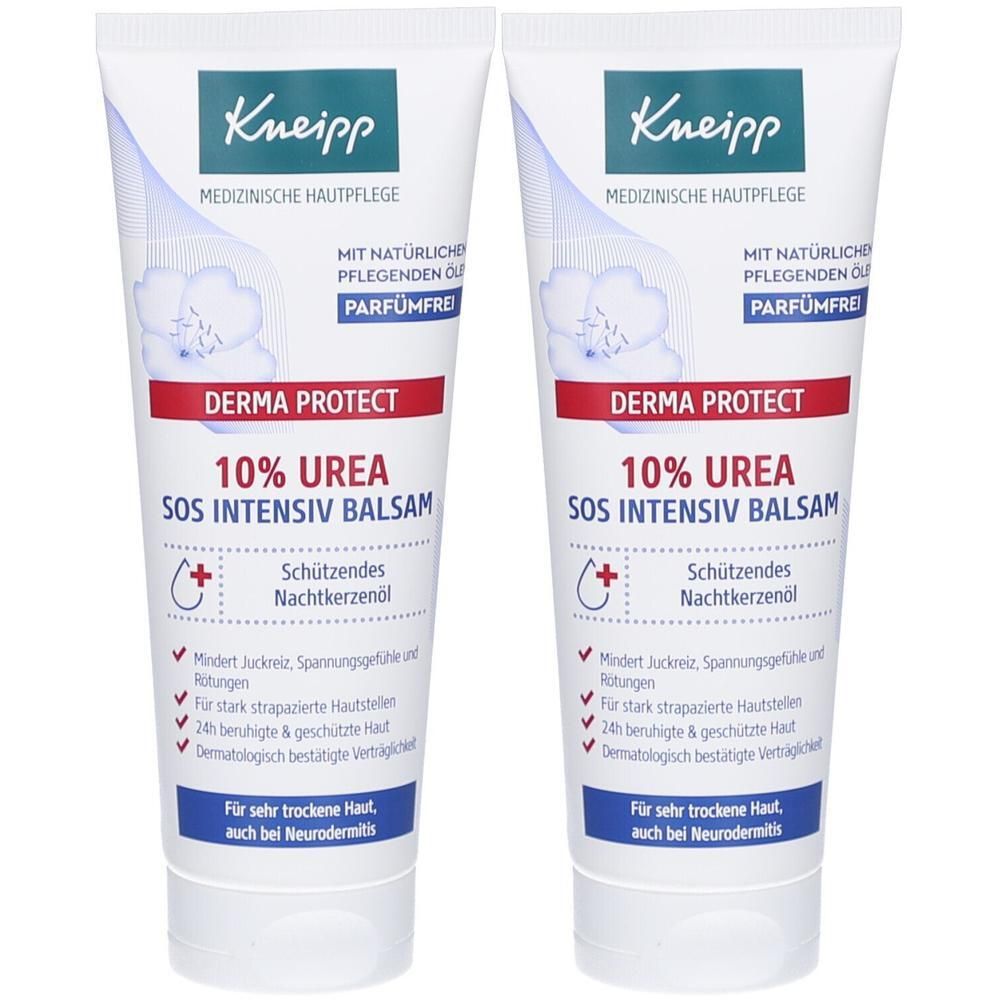 Zwei Tuben Kneipp Derma Protect Balsam. Weiß, mit roter und blauer Schrift. Enthält 10% Urea. Aufschrift: SOS Intensiv Balsam. Mit Nachtkerzenöl.