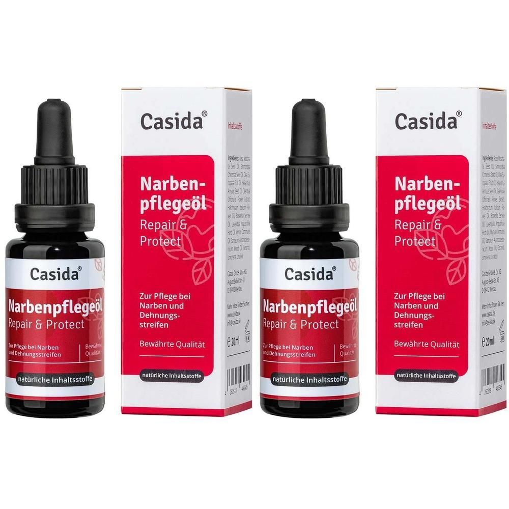 Drei Flaschen Narbenpflegeöl Repair & Protect mit Verpackung. Schwarze Flaschen mit Tropfer, rote Etiketten, weiße Verpackung.