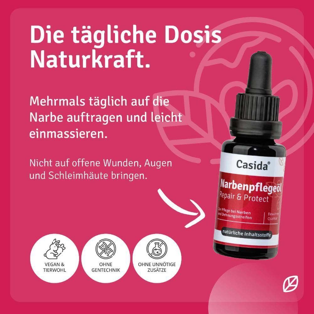 Flasche Narbenpflegeöl Repair & Protect auf rosa Hintergrund. Vegan, ohne Gentechnik, ohne unnötige Zusätze. Anwendungshinweis.