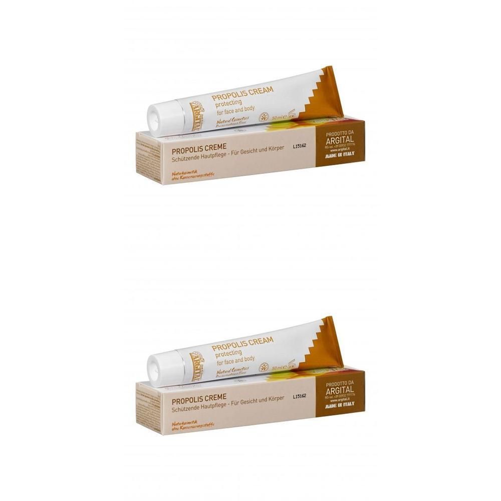Creme-Tube und Schachtel. Aufschrift: PROPOLIS CREME. Marke: ARGITAL. Für Gesicht und Körper.