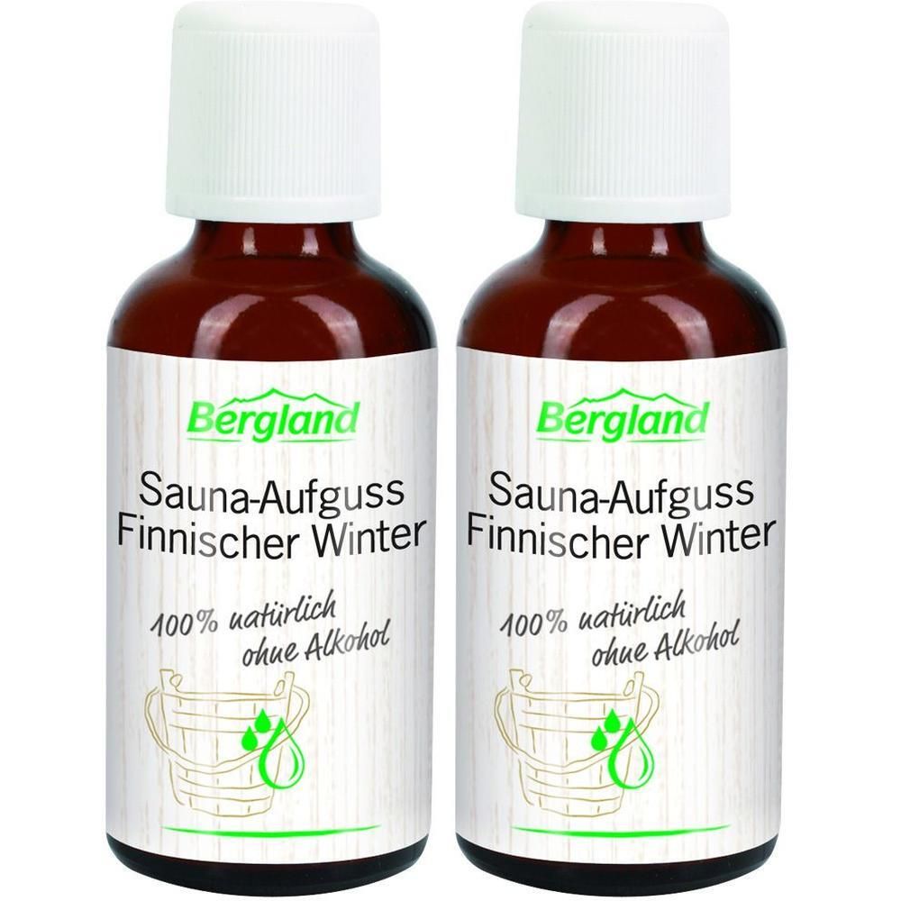 Zwei braune Flaschen mit weißen Deckeln. Auf den Etiketten steht "Bergland Sauna-Aufguss Finnischer Winter". Darunter "100% natürlich ohne Alkohol".