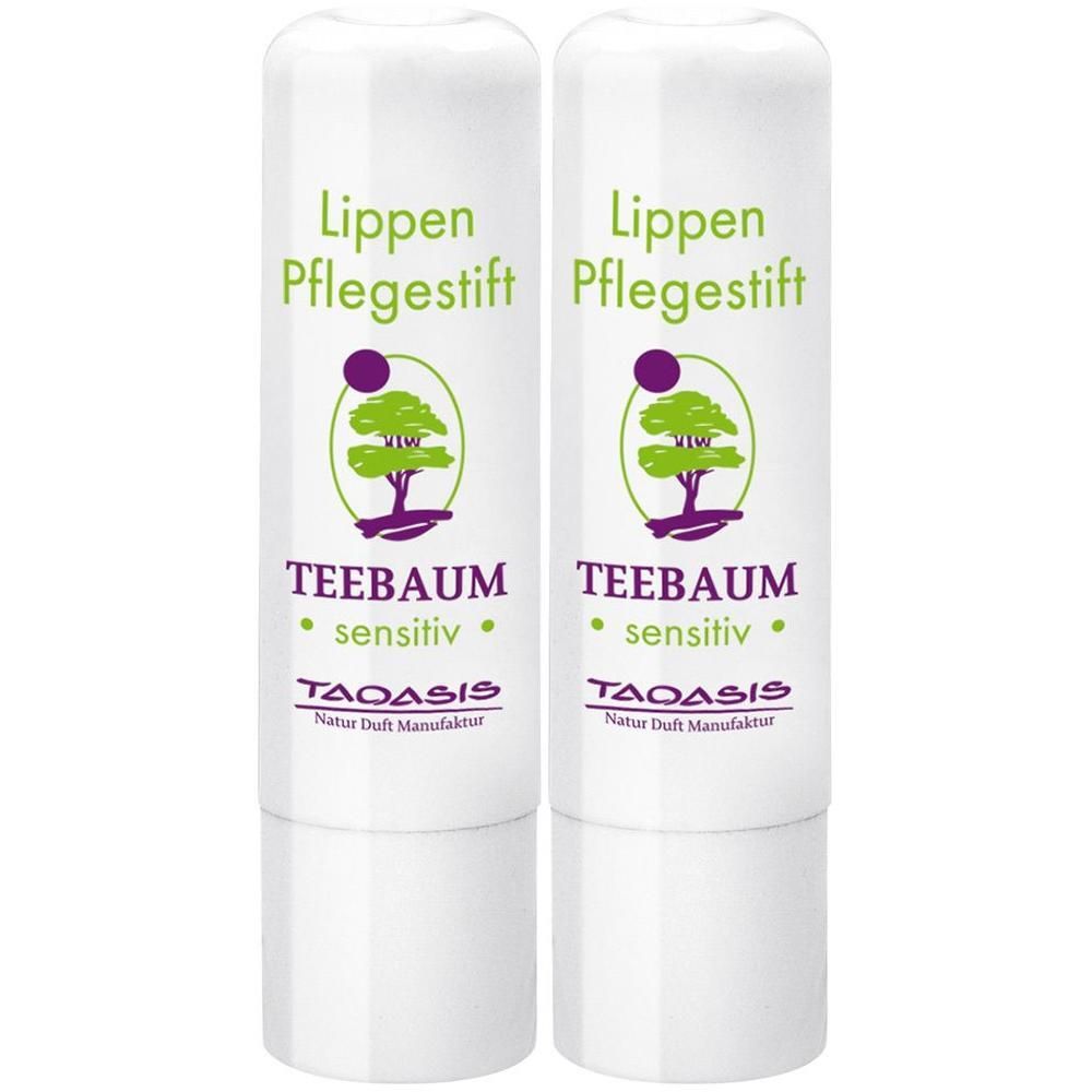 Zwei weiße Lippenpflegestifte mit grüner und violetter Beschriftung. Text: TEEBAUM sensitiv, TAOASIS Natur Duft Manufaktur.