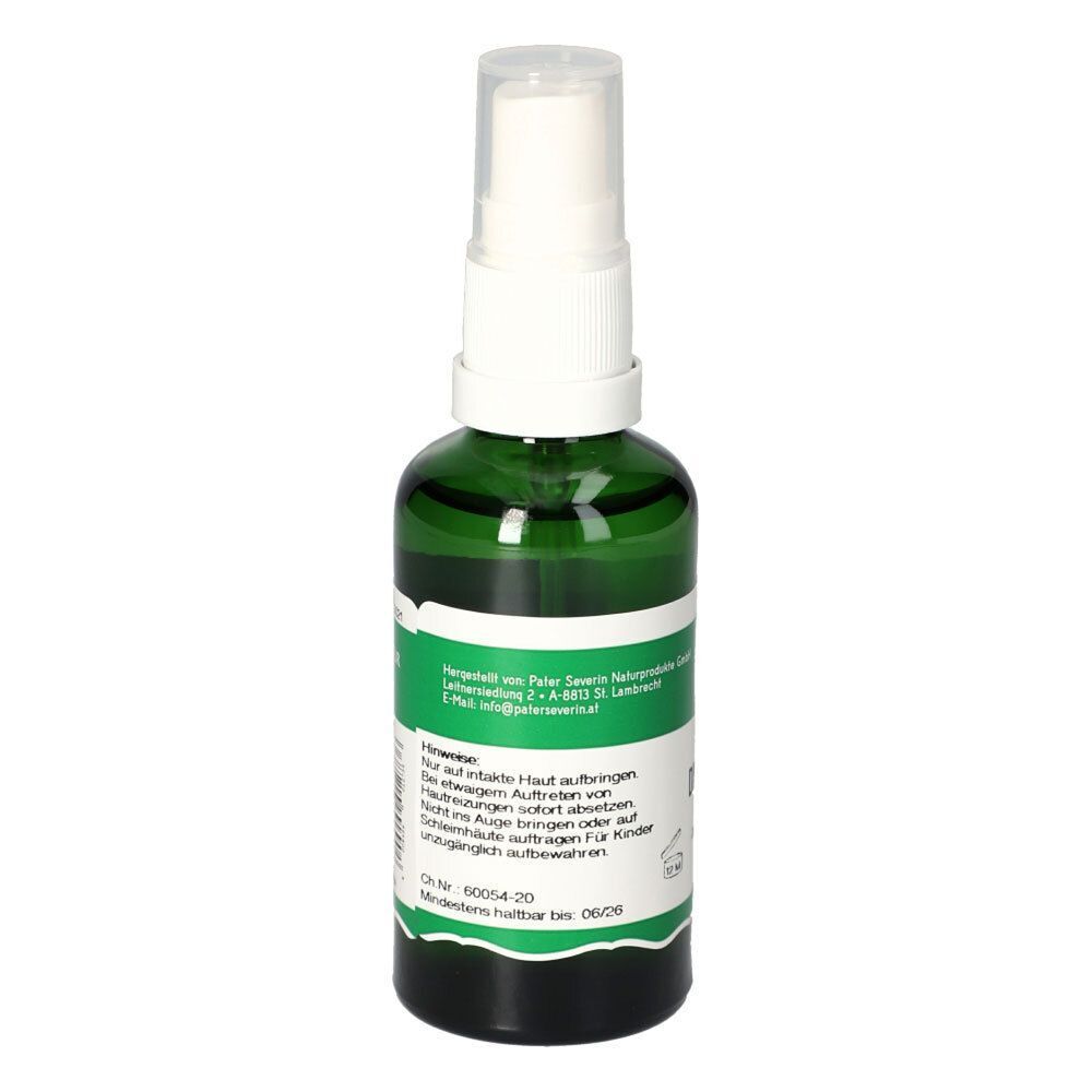 Grüne Sprühflasche mit weißem Sprühkopf. Beschriftung und Text auf Etikett. Etikett mit grünen und weißen Elementen. Warnhinweise.