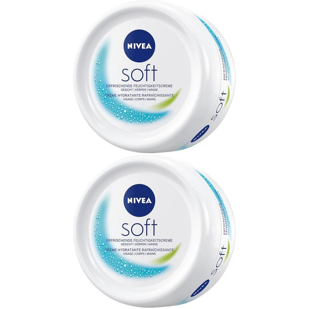 Zwei weiße Tiegel mit blauer und grüner Grafik. Aufschrift: NIVEA soft. Erfrischende Feuchtigkeitscreme. Minze/Körper.