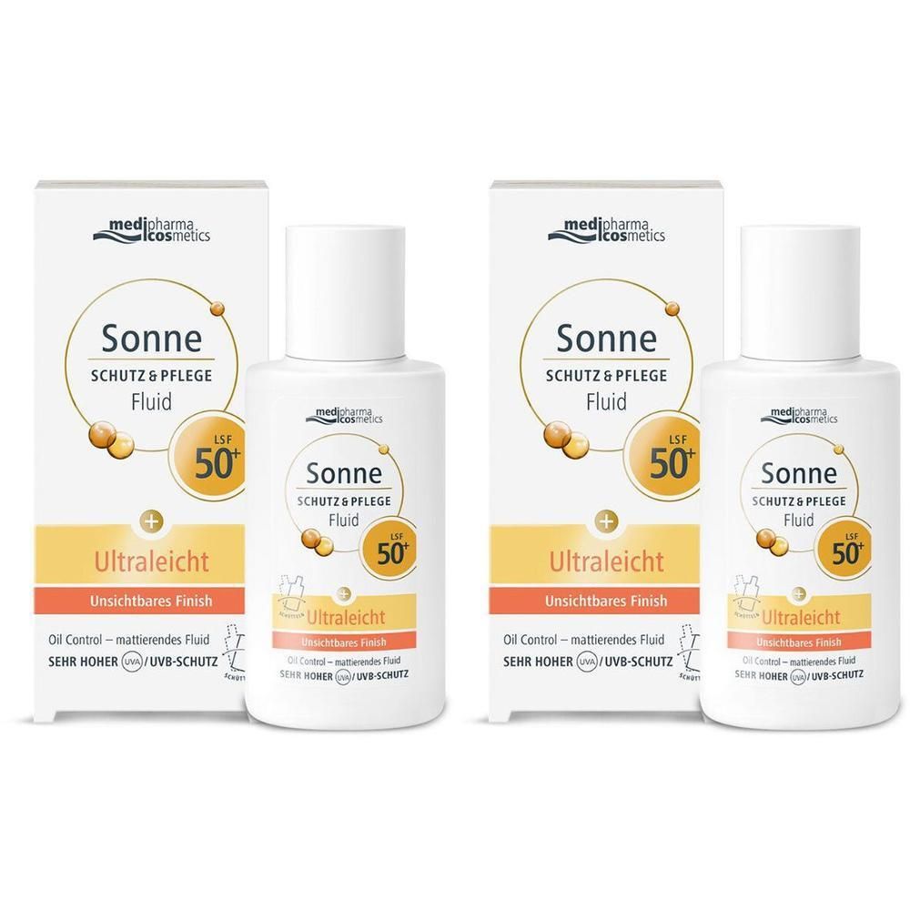 Zwei Flaschen mit weißem Deckel und Karton. Aufschrift: Sonne Schutz & Pflege Fluid LSF 50+. Ultra leicht.