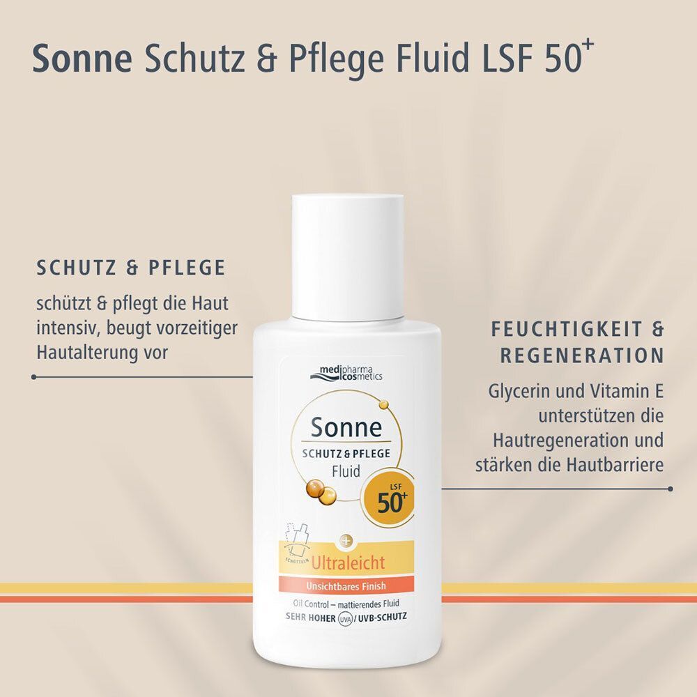 Flasche mit weißem Deckel. Aufschrift: Sonne Schutz & Pflege Fluid LSF 50+. Text: Schutz & Pflege, Feuchtigkeit & Regeneration.