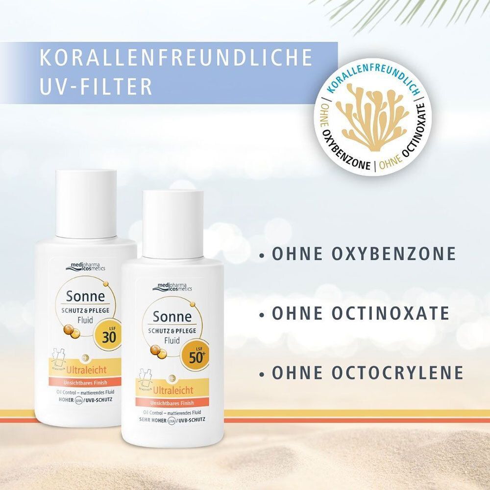 Zwei Flaschen mit weißem Deckel. Aufschrift: Sonne Schutz & Pflege Fluid. Text: Korallenfreundliche UV-Filter. Ohne Oxybenzone.