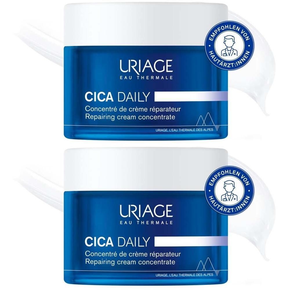 Zwei blaue Tiegel mit weißem Deckel. Aufschrift: URIAGE CICA DAILY. Empfohlen von Hautärzt:innen.
