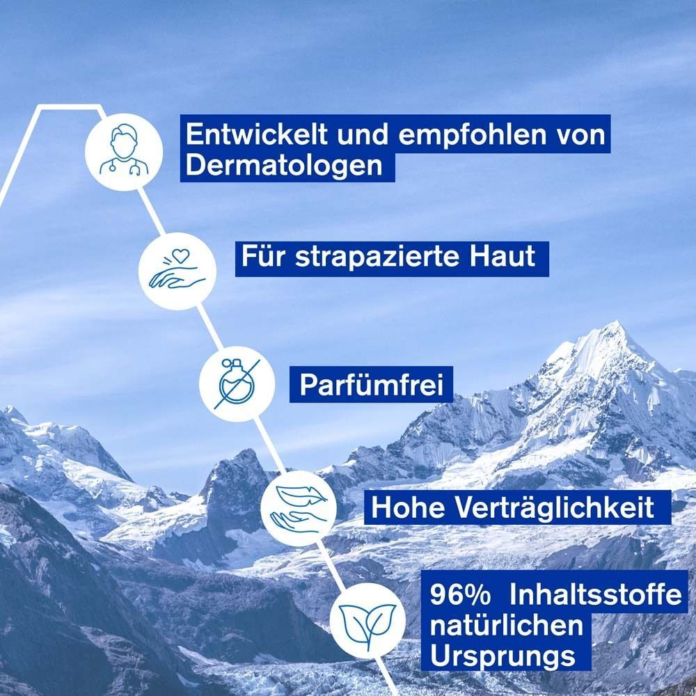 Text: Entwickelt und empfohlen von Dermatologen. Für strapazierte Haut. Parfümfrei. Hohe Verträglichkeit.