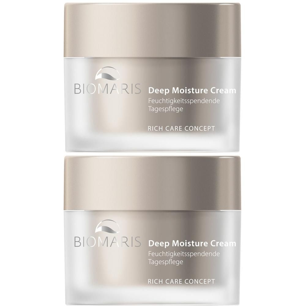 Zwei Tiegel BIOMARIS Deep Moisture Cream. Beige Deckel, weißes Glas. Schriftzug: Deep Moisture Cream, Feuchtigkeitspflege.