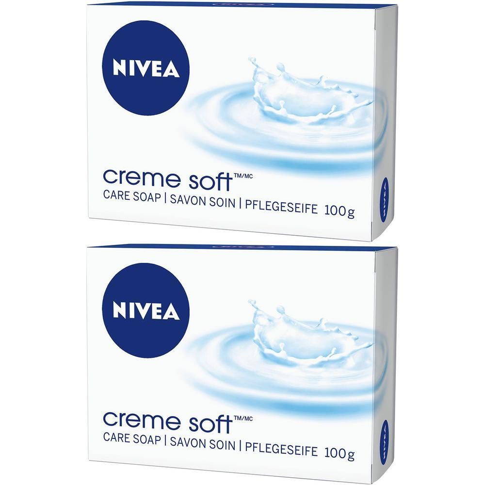 Zwei weiße Kartons mit NIVEA-Logo und creme soft-Schriftzug. Abbildung von Wasser. Aufschrift: CARE SOAP/SAVON SOIN/PFLEGE SEIFE.