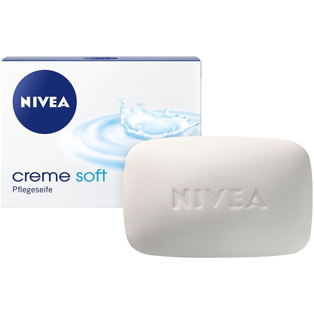 Weiße Seife neben einer weißen Schachtel. Auf der Seife ist NIVEA eingeprägt. Auf der Schachtel: NIVEA-Logo und creme soft-Schriftzug.