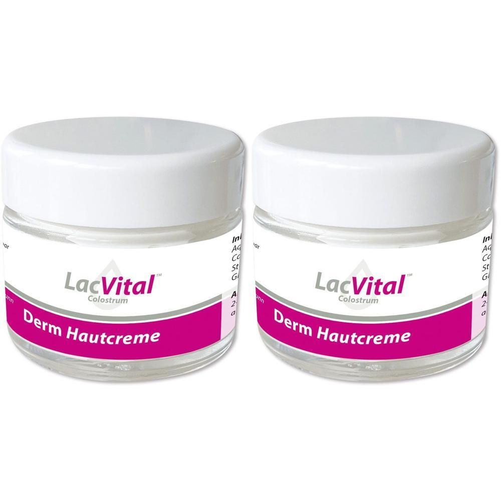 Zwei Cremetiegel mit weißem Deckel. Auf dem Etikett steht "LacVital Colostrum Derm Hautcreme".