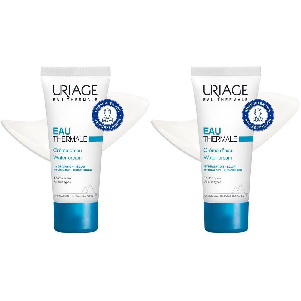 Zwei Tuben Uriage Eau Thermale Water Cream mit weißem Hintergrund. Blaue Akzente und Siegel.