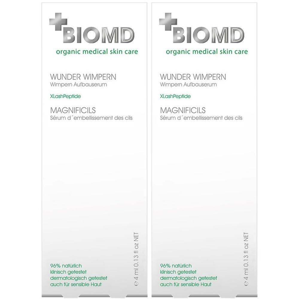 Zwei weiße Verpackungen mit Produktinformationen. BIOMD-Logo, Produktname, Inhaltsangaben und Zertifizierungen sind sichtbar.