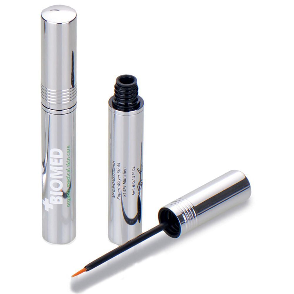 Silberne Serumflasche mit Applikator. Offene Flasche mit Pinsel. BIOMD-Logo und Produktinformationen sind sichtbar.