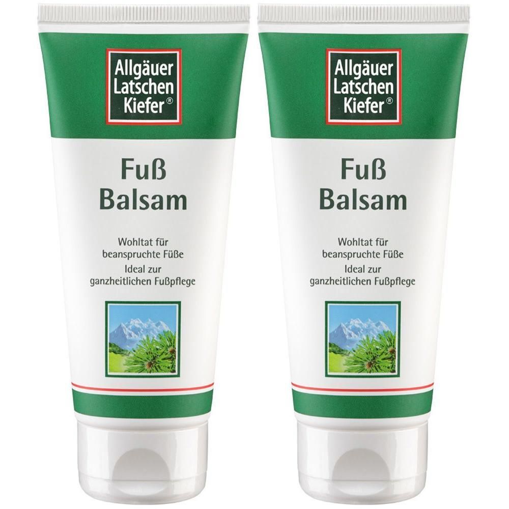 Zwei Tuben Fußbalsam. Weiß, mit grünem Deckel und Schriftzug. Marke: Allgäuer Latschen Kiefer. Text: Fuß Balsam.