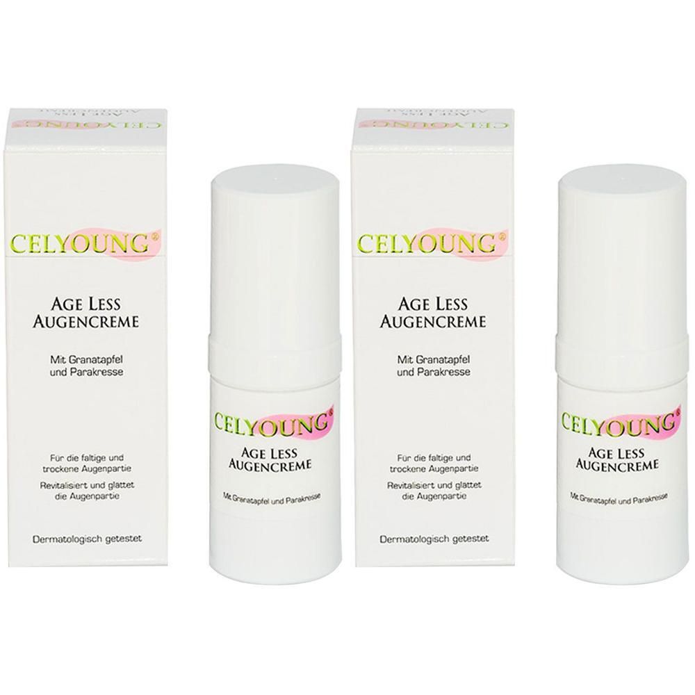 Drei weiße Tuben und Verpackungen mit der Aufschrift CELYOUNG AGE LESS AUGENCREME. Text in deutscher Sprache.