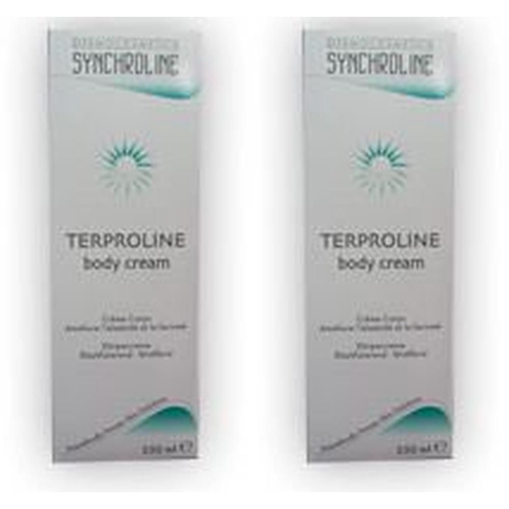 Zwei weiße Schachteln. Aufschrift: SYNCHROLINE, TERPROLINE body cream. Unten: 200 ml.